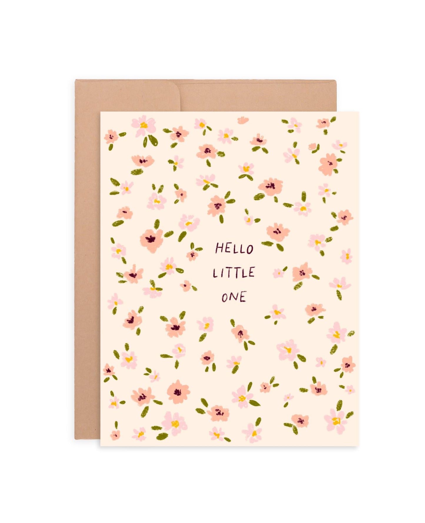 Hello Little One Flowers Card | Greeting Card for New Baby Girl Shower | Hand-Drawn Design | A2 Blank Inside
