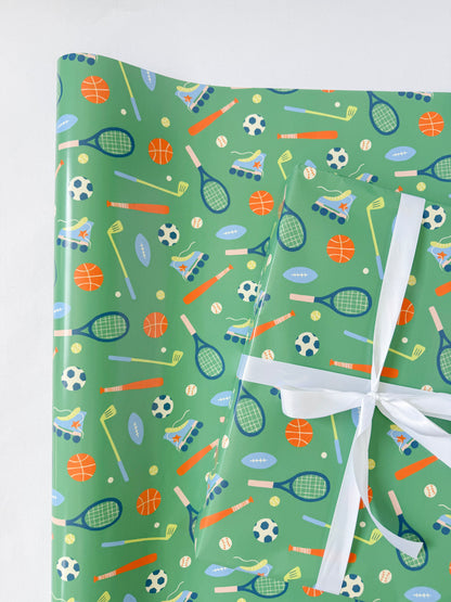 Green Sporty Gift Wrap | Continuous Wrapping Paper Roll | Sports Boy Birthday