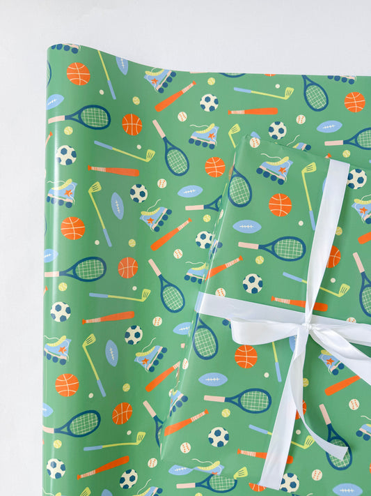 Green Sporty Gift Wrap | Continuous Wrapping Paper Roll | Sports Boy Birthday