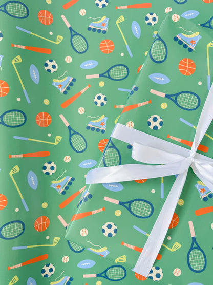 Green Sporty Gift Wrap | Continuous Wrapping Paper Roll | Sports Boy Birthday