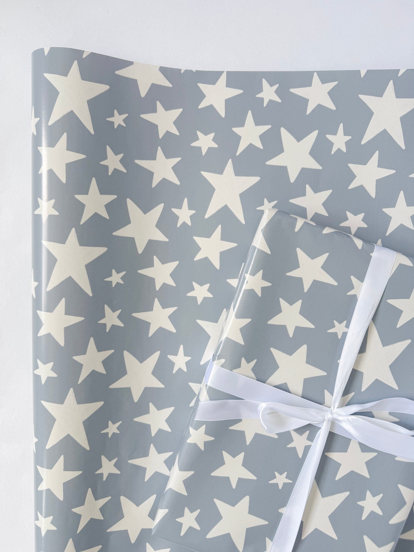 Dusty Blue Stars Gift Wrap | Continuous Roll Wrapping Paper | Boy Gift Baby Shower