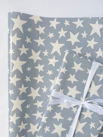 Dusty Blue Stars Gift Wrap | Continuous Roll Wrapping Paper | Boy Gift Baby Shower