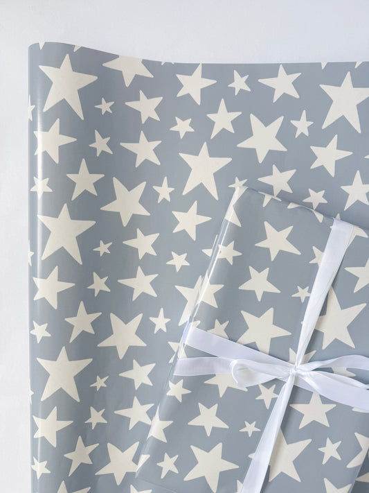 Dusty Blue Stars Gift Wrap | Continuous Roll Wrapping Paper | Boy Gift Baby Shower