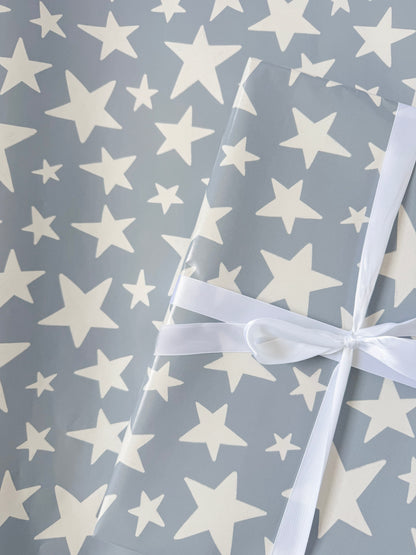 Dusty Blue Stars Gift Wrap | Continuous Roll Wrapping Paper | Boy Gift Baby Shower