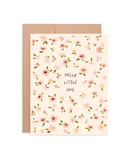 Hello Little One Flowers Card | Greeting Card for New Baby Girl Shower | Hand-Drawn Design | A2 Blank Inside